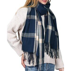 Women Navy Blue Winter Scarf for Shawl Soft Tassel Plaid Large Oversized Scarves